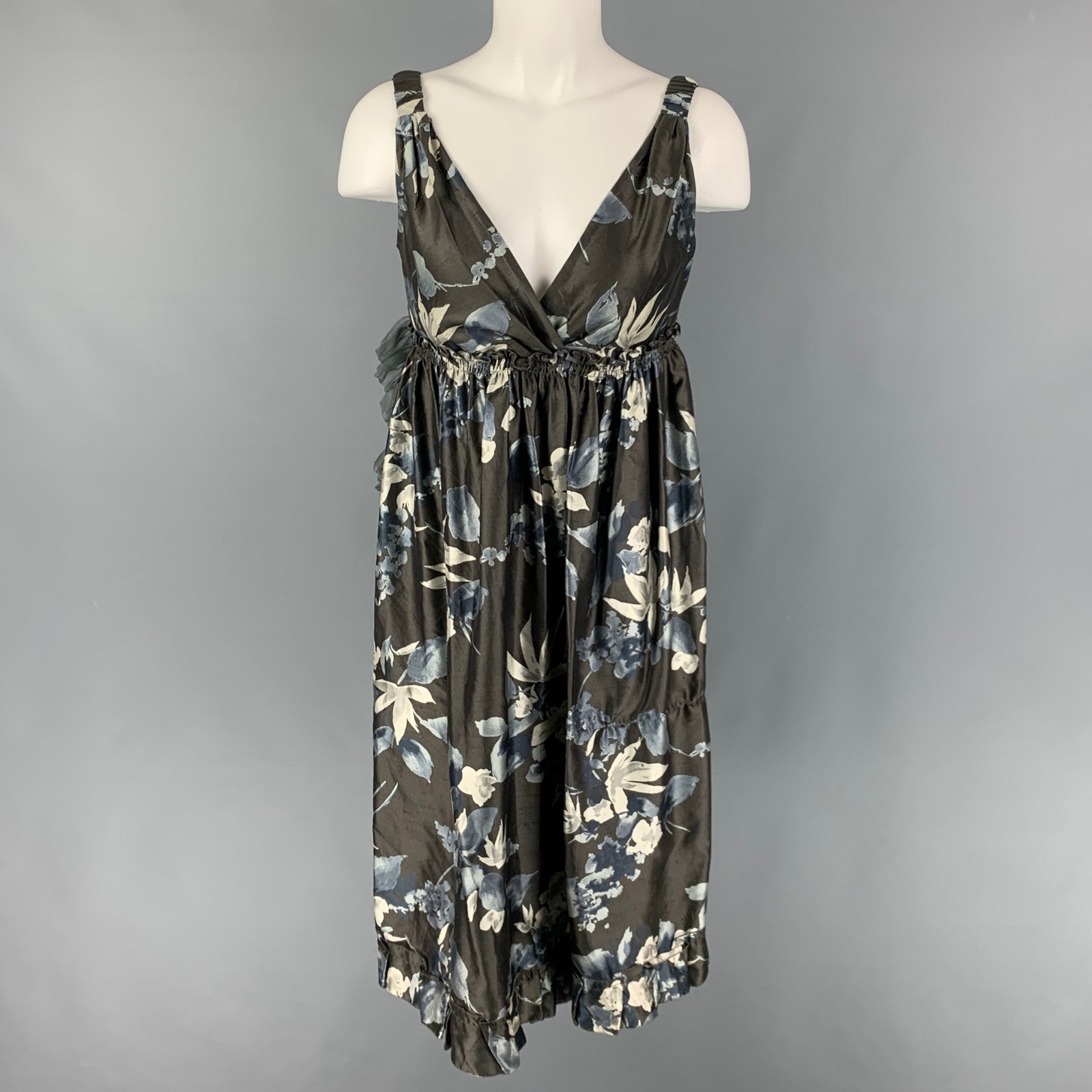 Vera Wang Size 4 Slate Cream Silk Floral Ruched Dress